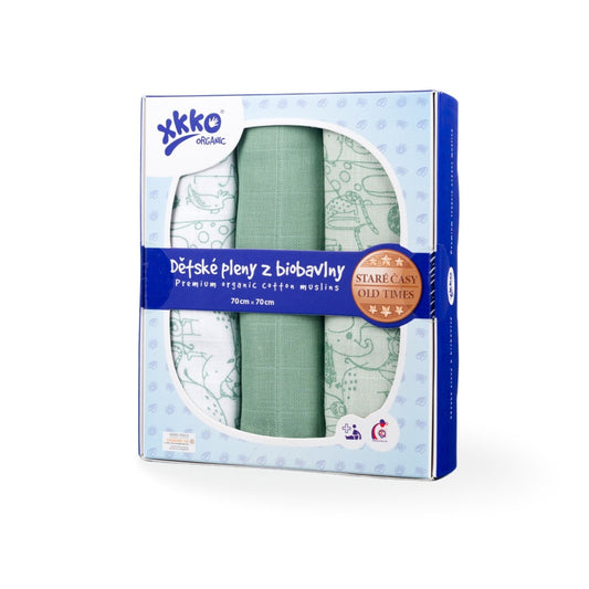XKKO Alte Zeiten 70x70 cm – Spucktücher mit Design aus Bio-Baumwolle (3er-Pack)
