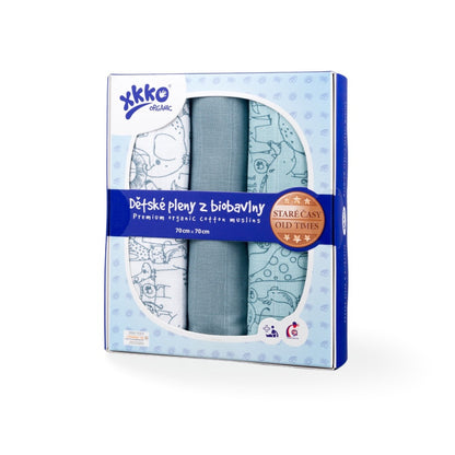XKKO Alte Zeiten 70x70 cm – Spucktücher mit Design aus Bio-Baumwolle (3er-Pack)